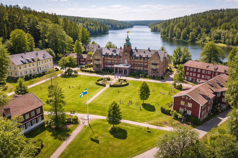 Lundsbergs skola och skolområde i Värmland – klassisk internatskola med anrika byggnader, elevhem och grönskande omgivning vid Hållsjön i Storfors kommun.